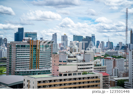 Bangkok Aerial Skyline and Skytrain view of Thailand. Business and financial building area centers with smart green park among urban city at noon time. 123501446