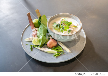 Coconut milk with chicken soup, Delicious Thai Menu are shot in studio light. Coconut milk with chicken soup, Delicious Thai Menu are shot in studio light. 123501465