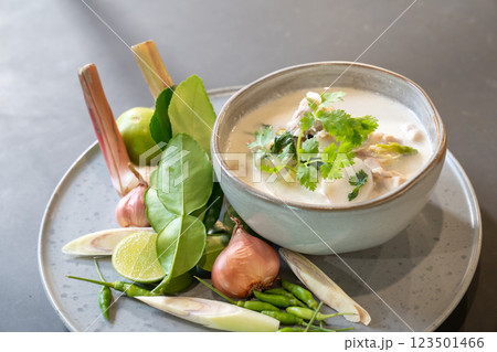 Close up to Coconut milk with chicken soup, Delicious Thai Menu are shot in studio light. Close up to Coconut milk with chicken soup, Delicious Thai Menu are shot in studio light. 123501466