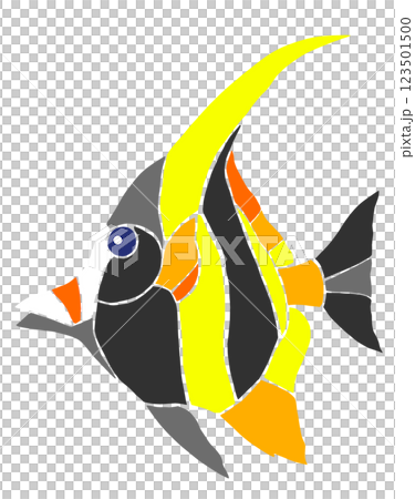 一幅漂亮的彩色玻璃風格剪紙插圖，描繪了一條熱帶魚，摩爾人的偶像，無縫 123501500