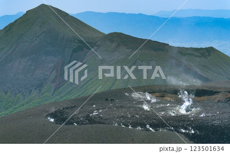 新燃岳の噴煙と高千穂峰 新燃岳の噴煙と高千穂峰 123501634