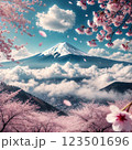 桜咲く、新倉山から望む、冠雪した、新雪の花と新雪、雲のかかる花の山々 123501696