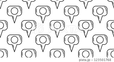 Seamless pattern of black outlined speech bubble location pins on white background. Hand-drawn doodle style. Communication and navigation concept for design and print Seamless pattern of black outlined speech bubble location pins on white background. Hand-drawn doodle style. Communication and navigation concept for design and print 123501768