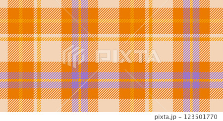 Seamless orange, beige, and purple plaid pattern with diagonal striped details. Geometric textile design for backgrounds and print. 123501770