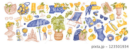 Italian summer sticker set, vector watercolor Sicilian vacation illustration, Amalfi lemon pint kit. Italian summer sticker set, vector watercolor Sicilian vacation illustration, Amalfi lemon pint kit. 123501934