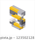 Number 5 in isometric view assembled from plastic blocks. Vector 123502128