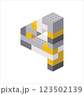 Number 4 in isometric view assembled from plastic blocks. Vector 123502139