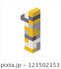 Number 1 in isometric view assembled from plastic blocks. Vector 123502153