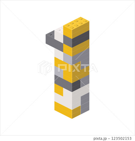 Number 1 in isometric view assembled from plastic blocks. Vector 123502153