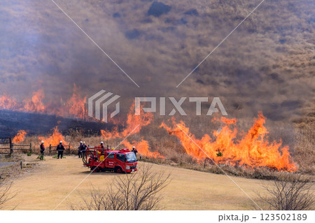 春の風物詩に映える観光・行楽スポット 阿蘇の野焼きクローズアップ風景(俵山) 春の風物詩に映える観光・行楽スポット 阿蘇の野焼きクローズアップ風景(俵山) 123502189