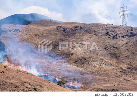 春の風物詩に映える観光・行楽スポット 阿蘇の野焼きクローズアップ風景(俵山) 春の風物詩に映える観光・行楽スポット 阿蘇の野焼きクローズアップ風景(俵山) 123502202