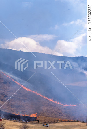 春の風物詩に映える観光・行楽スポット 阿蘇の野焼きクローズアップ風景(俵山) 春の風物詩に映える観光・行楽スポット 阿蘇の野焼きクローズアップ風景(俵山) 123502223