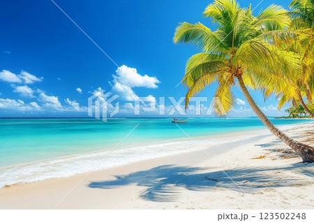 Palm trees on the caribbean tropical beach. Saona Island, Dominican Republic. Vacation travel background 123502248