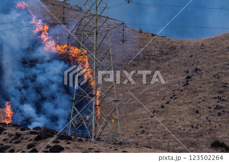 春の風物詩に映える観光・行楽スポット 阿蘇の野焼きクローズアップ風景(俵山) 春の風物詩に映える観光・行楽スポット 阿蘇の野焼きクローズアップ風景(俵山) 123502264