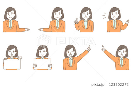 案内をする若いスーツの女性のイラストセット 案内をする若いスーツの女性のイラストセット 123502272