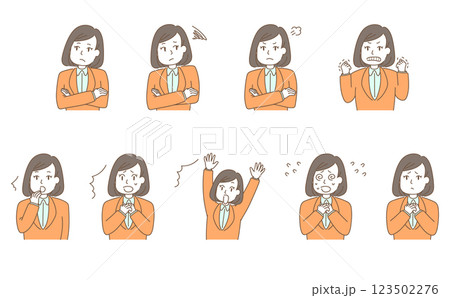 驚きやネガティブな感情を表す若い女性のイラストセット 驚きやネガティブな感情を表す若い女性のイラストセット 123502276