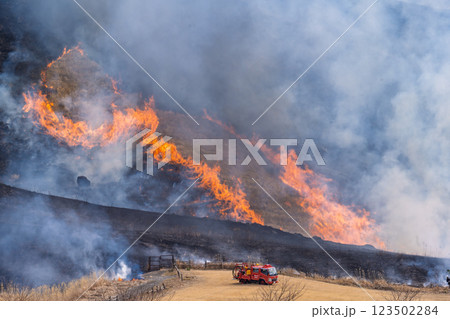 春の風物詩に映える観光・行楽スポット 阿蘇の野焼きクローズアップ風景(俵山) 春の風物詩に映える観光・行楽スポット 阿蘇の野焼きクローズアップ風景(俵山) 123502284