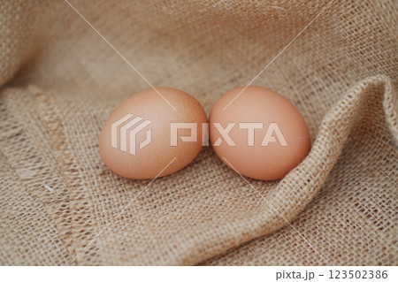 brown eggs in gunny sack 123502386