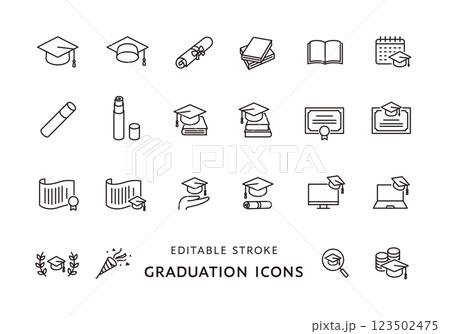卒業にまつわるアイコンセット（モノクロ） 123502475