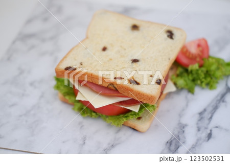 Sandwich with ham, cheese, tomato and lettuce background Sandwich with ham, cheese, tomato and lettuce background 123502531