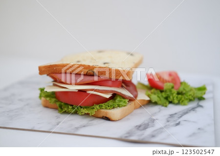 Sandwich with ham, cheese, tomato and lettuce background 123502547