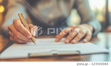 Young woman writing notes with a pen on a document at a wooden table Young woman writing notes with a pen on a document at a wooden table 123503084