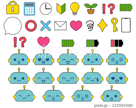 かわいいロボットのキャラクターとアイコンセット かわいいロボットのキャラクターとアイコンセット 123503380