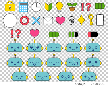 かわいいロボットのキャラクターとアイコンセット かわいいロボットのキャラクターとアイコンセット 123503380