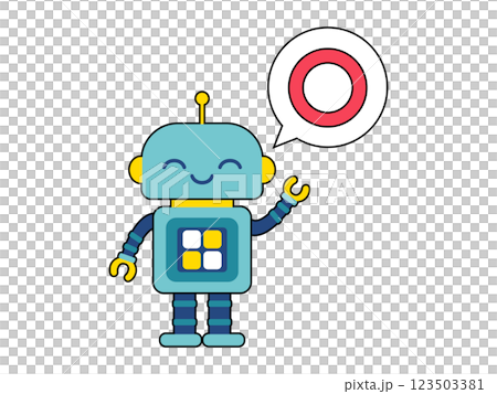 Cute robot character with circle in speech bubble Cute robot character with circle in speech bubble 123503381