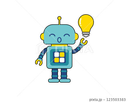 かわいいロボットのキャラクター 電球を持っている かわいいロボットのキャラクター 電球を持っている 123503383