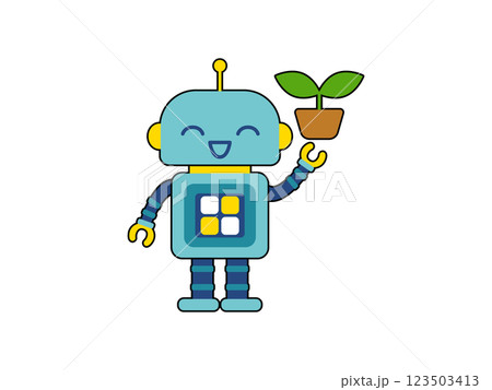 かわいいロボットのキャラクター 鉢植えの新芽を持つ かわいいロボットのキャラクター 鉢植えの新芽を持つ 123503413