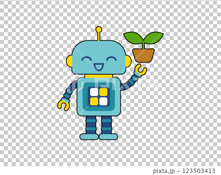 かわいいロボットのキャラクター 鉢植えの新芽を持つ かわいいロボットのキャラクター 鉢植えの新芽を持つ 123503413