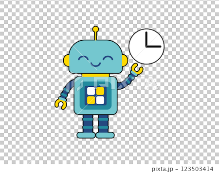 かわいいロボットのキャラクター 時計を持つ かわいいロボットのキャラクター 時計を持つ 123503414