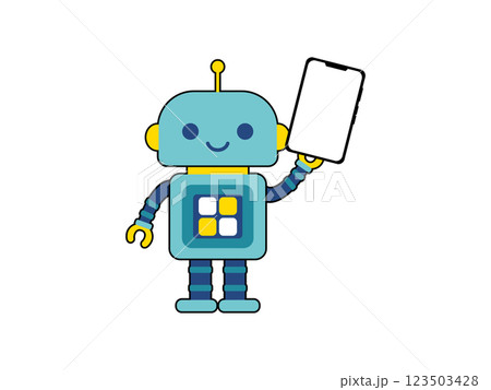 かわいいロボットのキャラクター　スマホを持つ 123503428