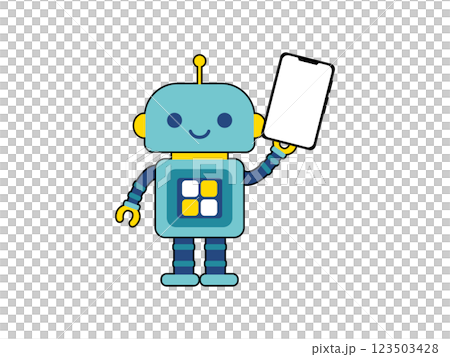 Cute robot character holding a smartphone Cute robot character holding a smartphone 123503428