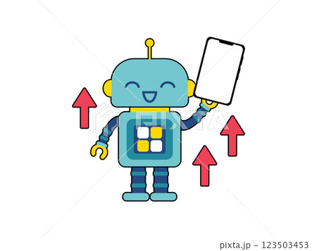 かわいいロボットのキャラクター　スマホと上向き矢印 123503453