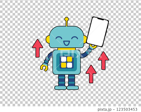 かわいいロボットのキャラクター　スマホと上向き矢印 123503453