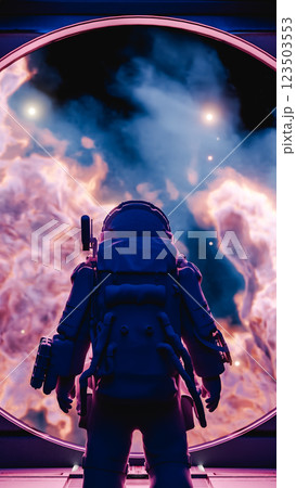 Astronaut observing nebula from spaceship window: cosmic exploration. 3d render 123503553