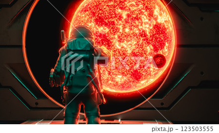 Astronaut observing burning red giant star from spaceship window. 3d render Astronaut observing burning red giant star from spaceship window. 3d render 123503555