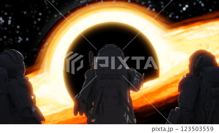 Astronauts observing supermassive black hole from space. 3d render 123503559