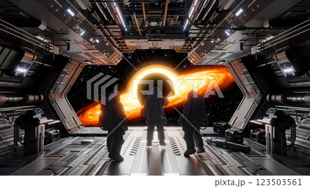 Astronauts observing black hole from spaceship bay window. 3d render 123503561