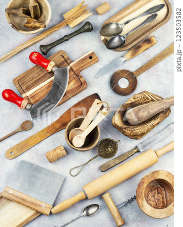 Kitchen utensils knolling style. Kitchen utensils knolling style. 123503582