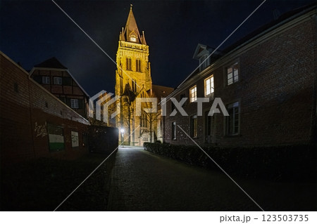 Church of Ascheberg illuminated at night in Germany with historic charm 123503735