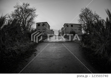 Ghost town Wollseifen in black and white with abandoned buildings 123503740