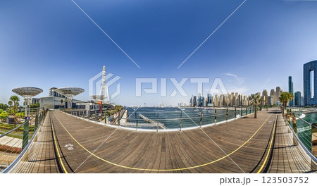 Dubai Marina featuring high rise buildings, a yacht harbor, and a lively promenade 123503752