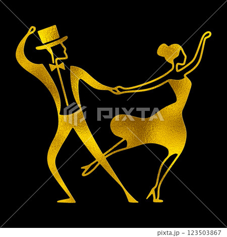ペアダンスを踊っているタキシード姿の男性とドレス姿の女性のゴールドの線画イラスト 黒背景の切り抜き ペアダンスを踊っているタキシード姿の男性とドレス姿の女性のゴールドの線画イラスト 黒背景の切り抜き 123503867