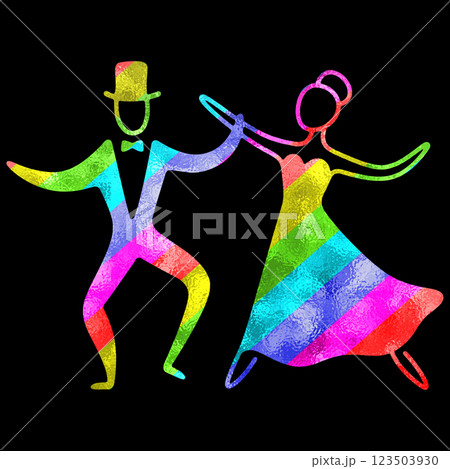 ペアダンスを踊っているタキシード姿の男性とドレス姿の女性の虹色の線画イラスト 黒背景の切り抜き ペアダンスを踊っているタキシード姿の男性とドレス姿の女性の虹色の線画イラスト 黒背景の切り抜き 123503930