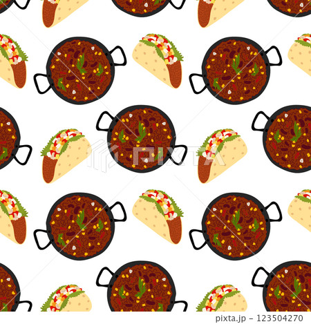 Chili con carne cast iron skillet and meat and vegetable fill Taco Traditional Mexican food Seamless Pattern Chili con carne cast iron skillet and meat and vegetable fill Taco Traditional Mexican food Seamless Pattern 123504270