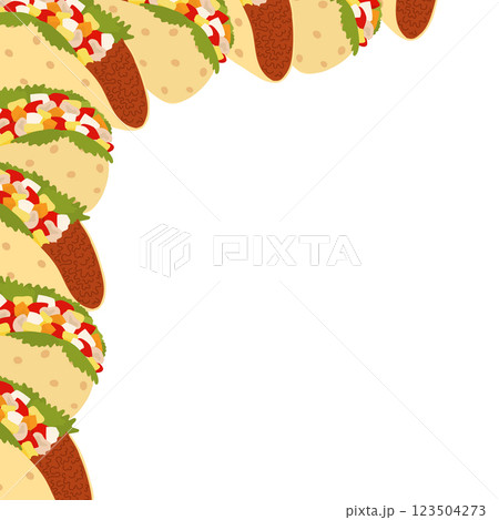 Mexican food Tacos meat and vegetables stuffed Left hand Corner Frame border Copyspace Template idea 123504273