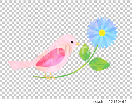 Watercolor style blue flowers and pink bird 123504634